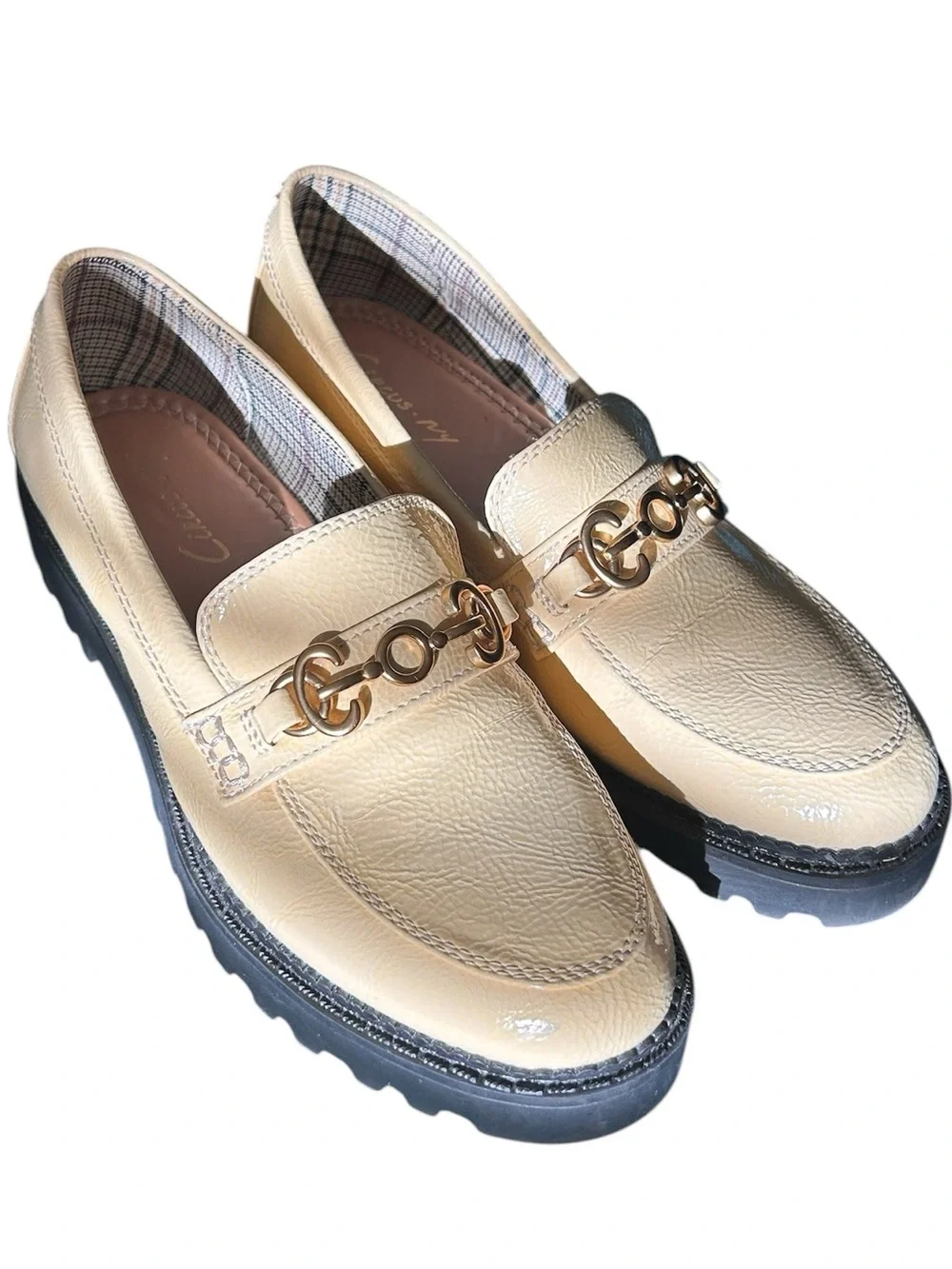 Sam Edelman Circus NY Classic Cream Lug Loafers with Gold Horse Bit Accent 8 1/2
